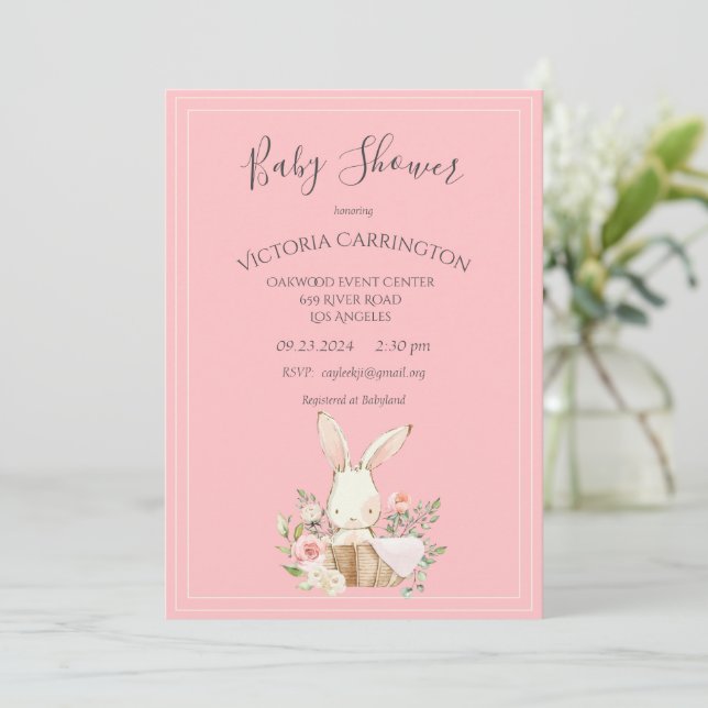 Invitation Bunny Aquarelle Floral rose fille Baby shower (Debout devant)