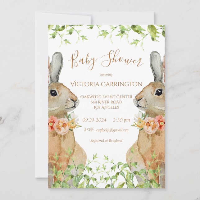 Invitation Bunny Aquarelle Floral rose fille Baby shower Invi (Devant)