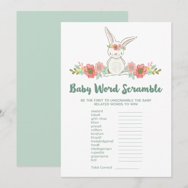 Invitation Bunny Baby shower Word Scramble Game Card (Devant / Derrière)