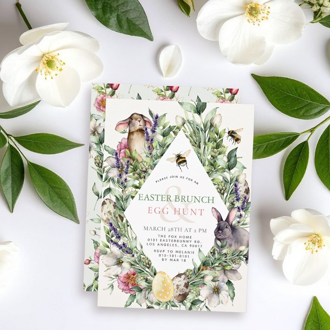 Invitation Bunny & Bee Greenery Rhombus Easter Brunch (Créateur téléchargé)
