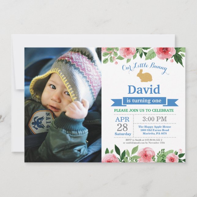 Invitation Bunny Birthday Boy Easter Egg 1er Anniversaire (Devant)
