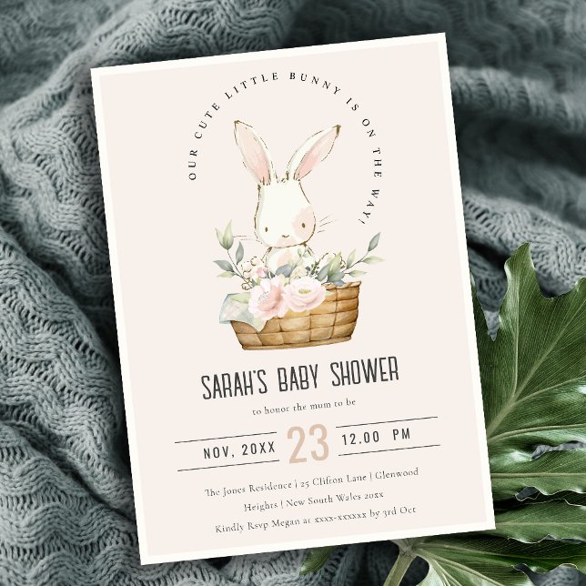 Invitation Bunny Blush Dusky Dans Baby shower Panier Floral (Créateur téléchargé)
