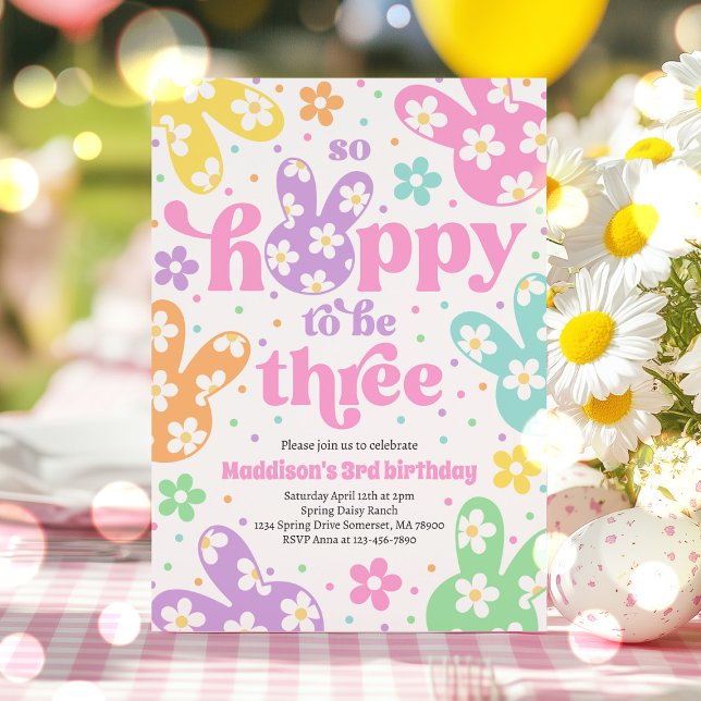 Invitation Bunny Daisy Floral Pastel Printemps 3ème anniversa (Créateur téléchargé)