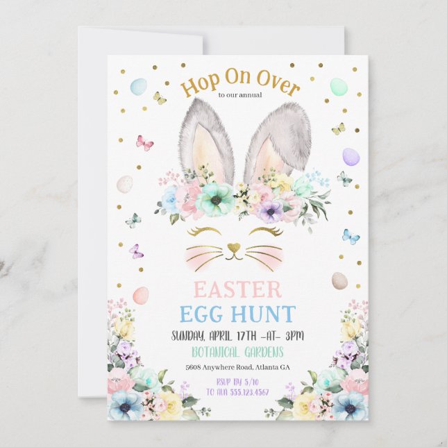 Invitation Bunny Ears Chasse aux oeufs de Pâques Pastel Rainb (Devant)