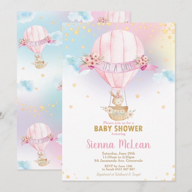 Invitation Bunny Girl Baby shower à air chaud Rainbow (Devant / Derrière)