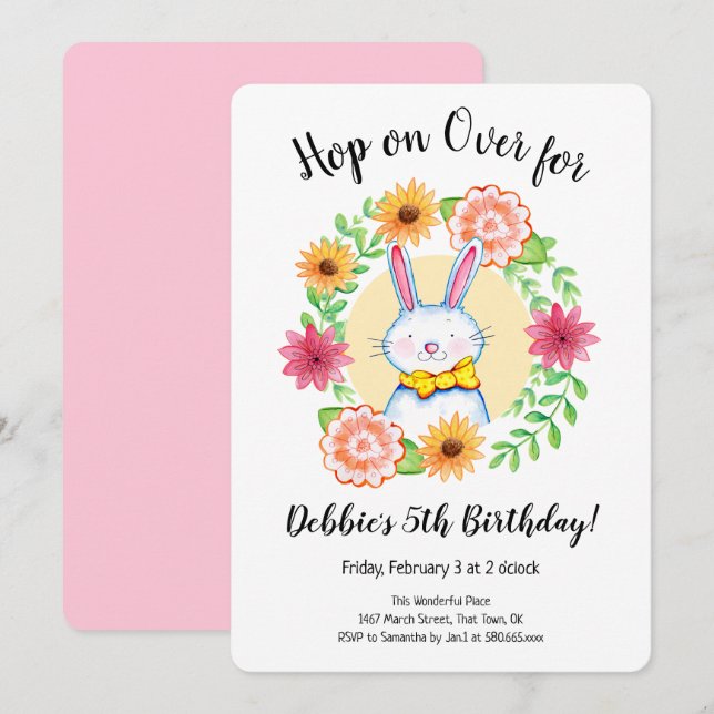 Invitation Bunny Hop sur Pastel Anniversaire (Devant / Derrière)