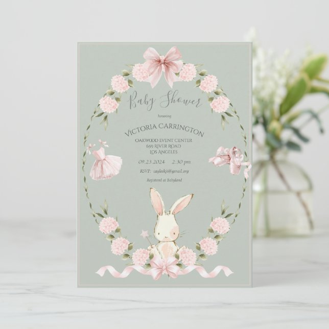 Invitation Bunny Hydrangeas Pink Sage Ballerina Baby (Debout devant)