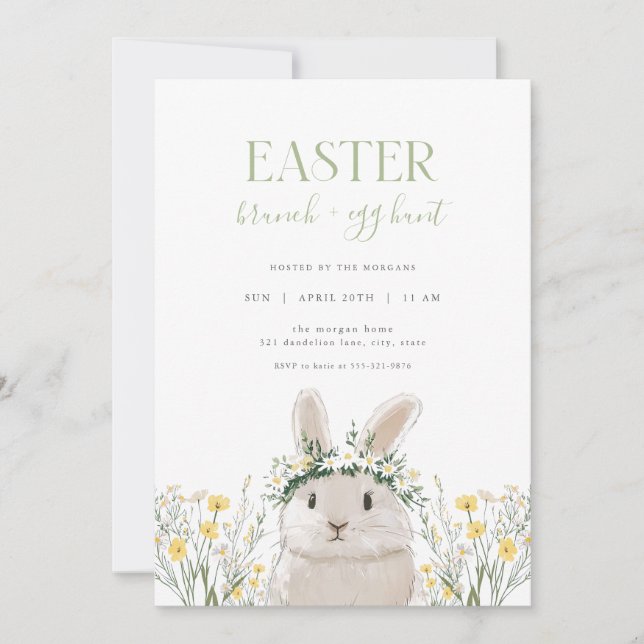 Invitation Bunny Jaune Pâques Brunch et chasse aux oeufs Invi (Devant)