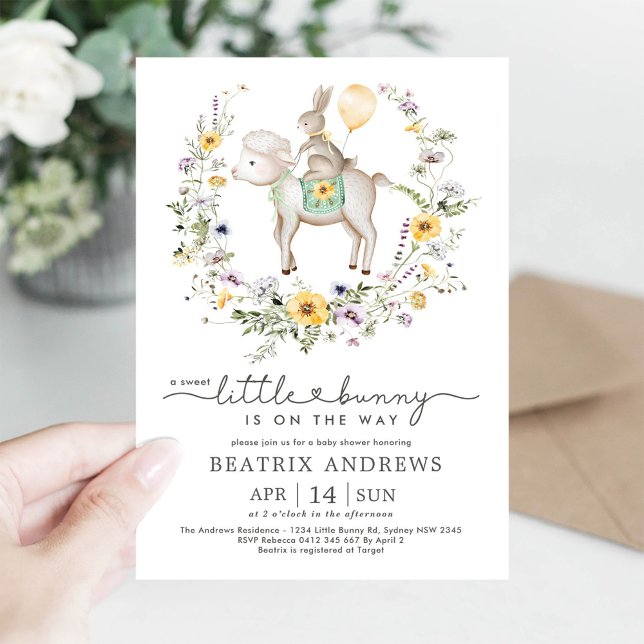 Invitation Bunny Lamb Balloon Fleur sauvage Jardin Baby showe (Créateur téléchargé)