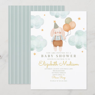 Invitation Bunny mignon rose et balons Baby shower nuage