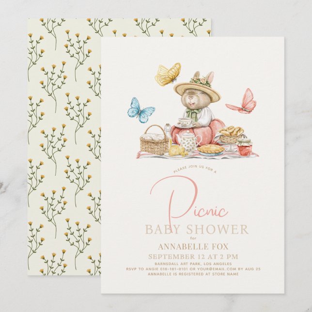 Invitation Bunny & Papillons Tea Party Baby shower de pique-n (Devant / Derrière)