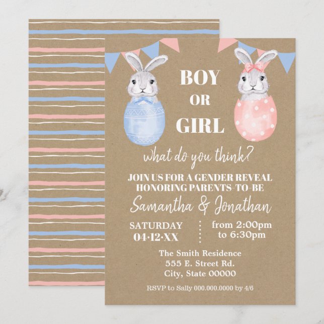 Invitation Bunny Pâques genre Révéler garçon ou fille Baby sh (Devant / Derrière)