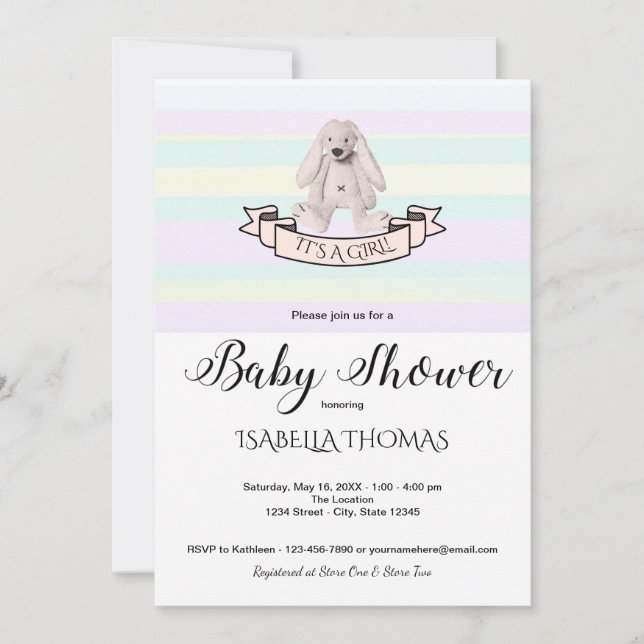 Invitation Bunny Pastel Rose Bleu Jaune Baby shower de rayure (Devant)