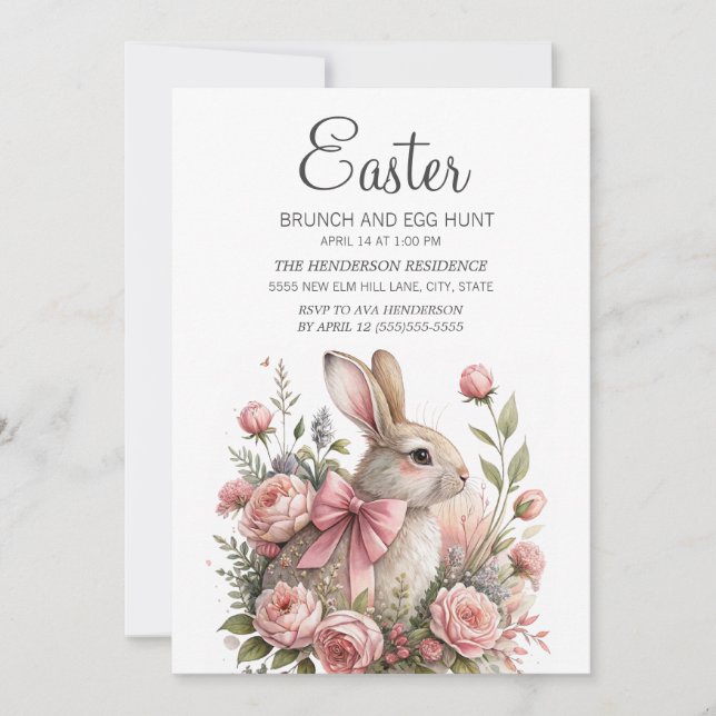 Invitation Bunny Pink Bow Pâques Brunch Chasse aux oeufs (Devant)
