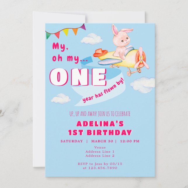 Invitation Bunny Plane Pilote un an Flown par 1er anniversair (Devant)