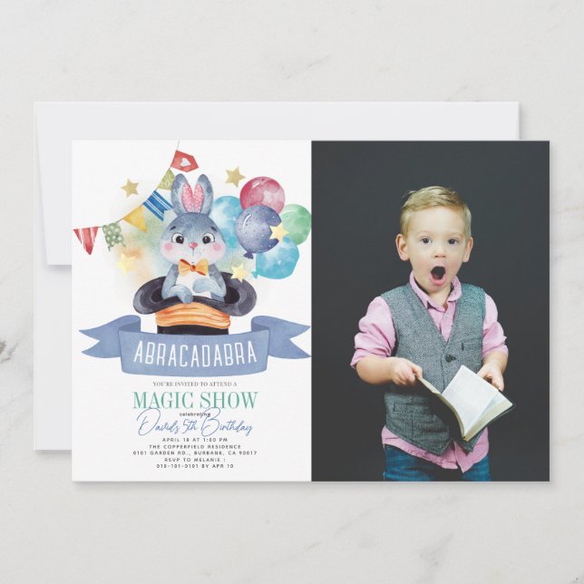 Invitation Bunny Rabbit Magie Show Boy Photo Anniversaire (Devant)