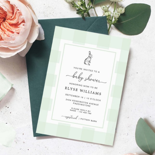 Invitation Bunny Rabbit Mint Green En vichy Baby shower (Green Gingham Bunny Rabbit Baby Shower Invitation)