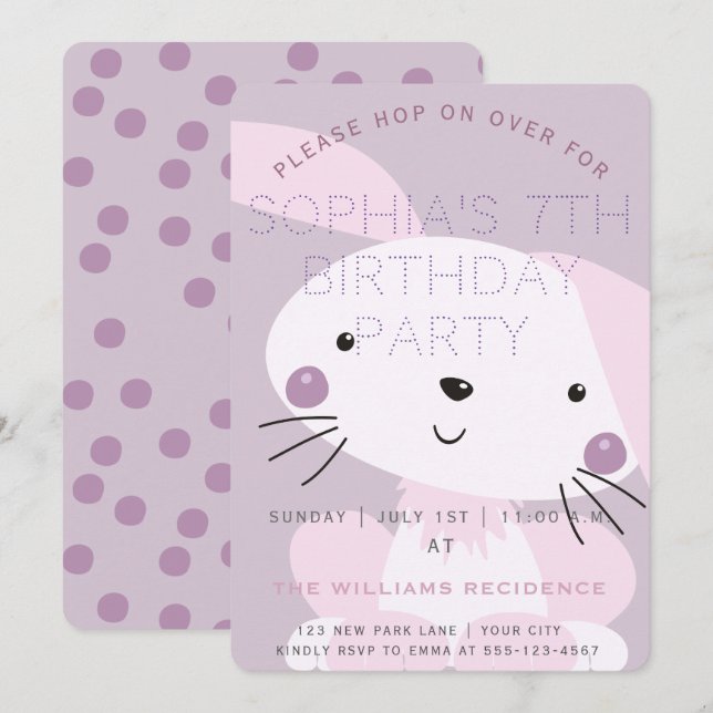 Invitation Bunny rose et violet À petits pois filles fête d'a (Devant / Derrière)