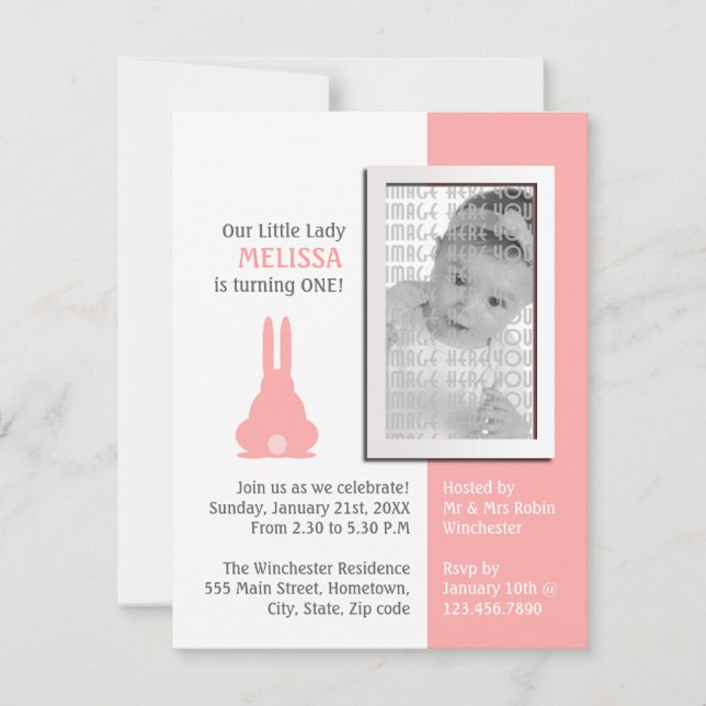 Invitation Bunny rose photo Anniversaire (Devant)