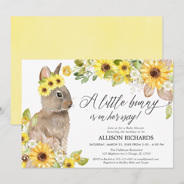 Invitation Bunny tournesol jaune mignon fille baby shower (Devant / Derrière)