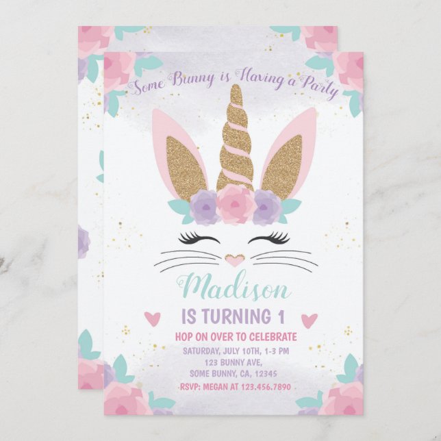 Invitation Bunny Unicorn Anniversaire Invitation, Bunny Anniv (Devant / Derrière)