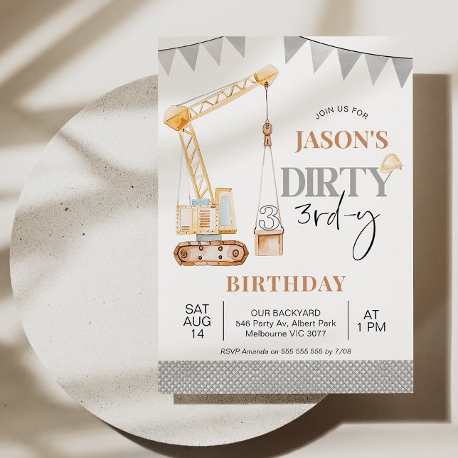 Invitation Bunting Yellow Construction sale 3e anniversaire (Boys Construction Dirty 3rd-y Birthday Invitation Template, Editable Crane 3rd Birthday Invitation)