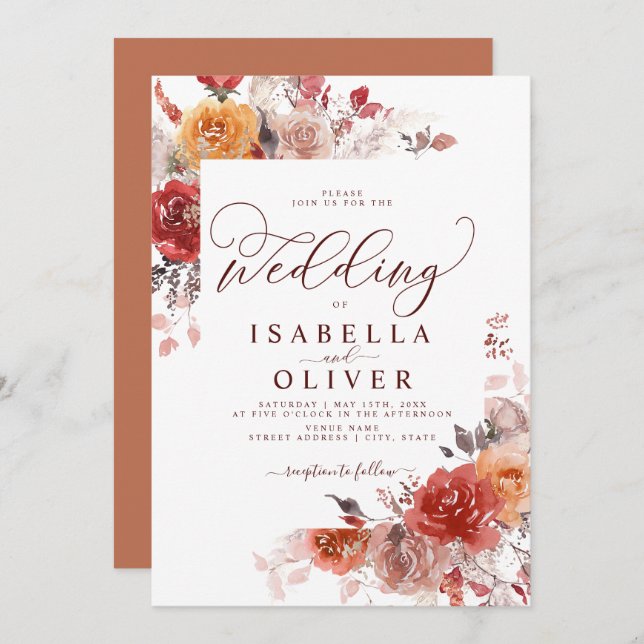 Invitation Burange Boho Terracotta Bourgogne Mariage Invi (Devant / Derrière)