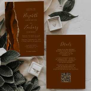 Invitation Burange Orange Agate Gold Brown QR Code Mariage