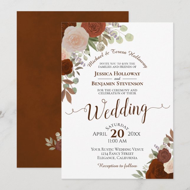 Invitation Burber rouille orange Aquarelle Rose Mariage (Devant / Derrière)