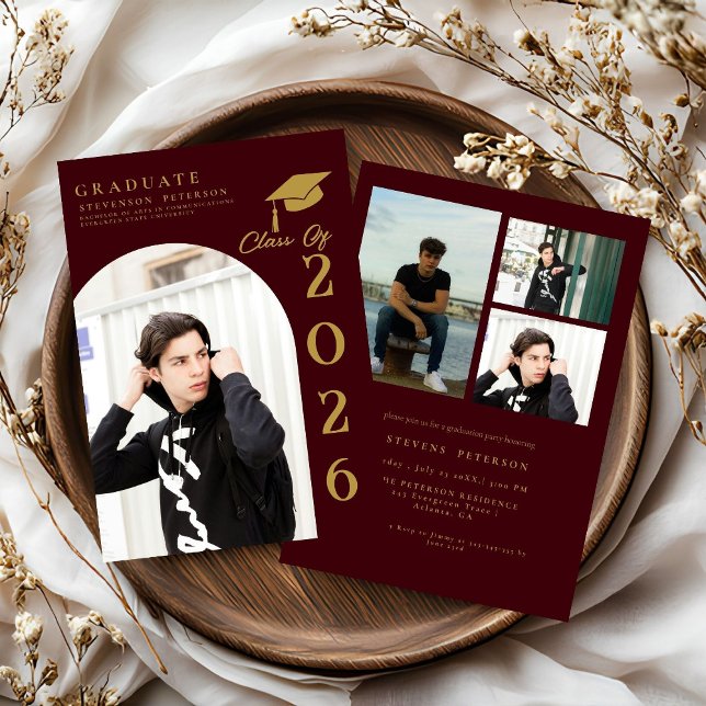 Invitation Burdundy  and Gold Photo Graduation (Créateur téléchargé)