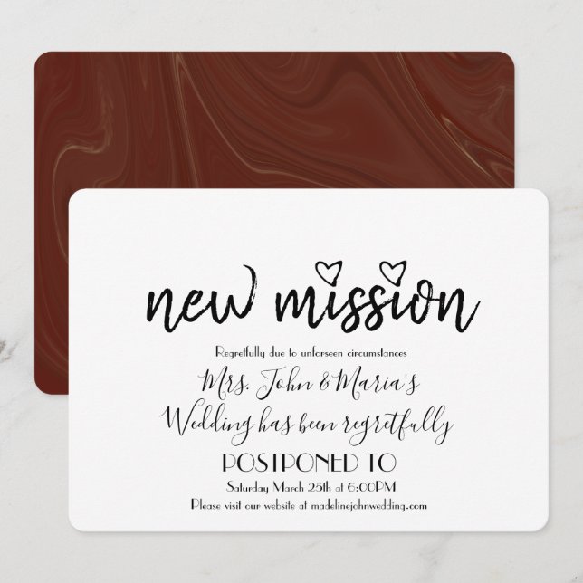 Invitation Burgandy Marble Nouvelle Mission Mariage Date Chan (Devant / Derrière)