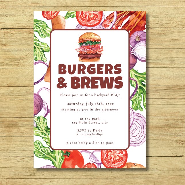 Invitation Burger BBQ du Jardin budgétaire et aquarelle brass (Créateur téléchargé)