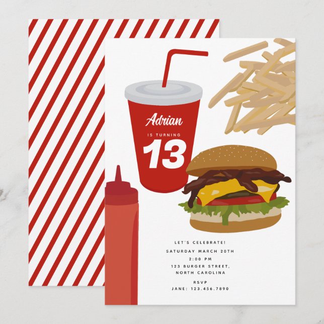 Invitation Burger de restauration rapide Frites BBQ Anniversa (Devant / Derrière)