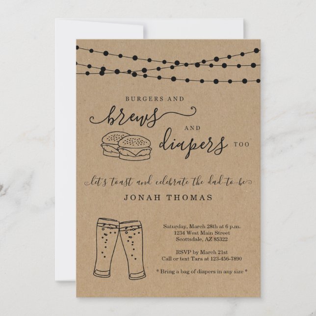 Invitation Burger et brasser et plonger au Baby shower mascul (Devant)