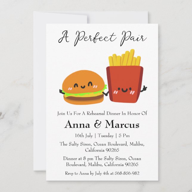 Invitation Burger & Fries dîner de mariée parfaite paire (Devant)