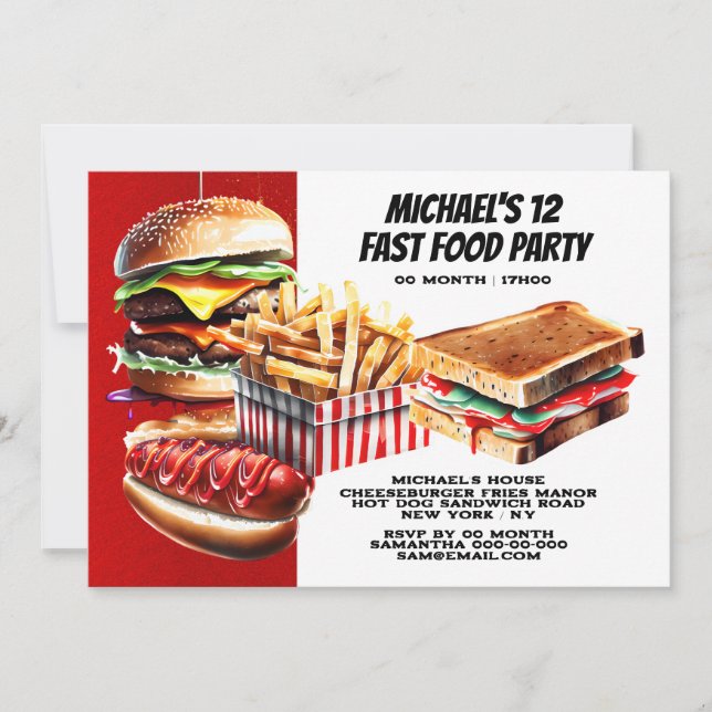 Invitation Burger frites hotdog fast food party rouge (Devant)