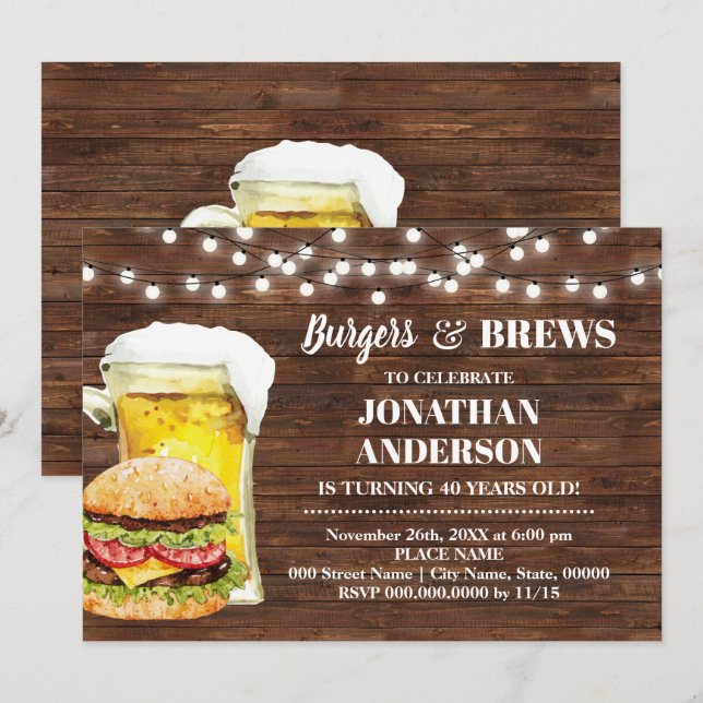 Invitation Burger Rustique & Brews Adultes Anniversaire (Devant / Derrière)