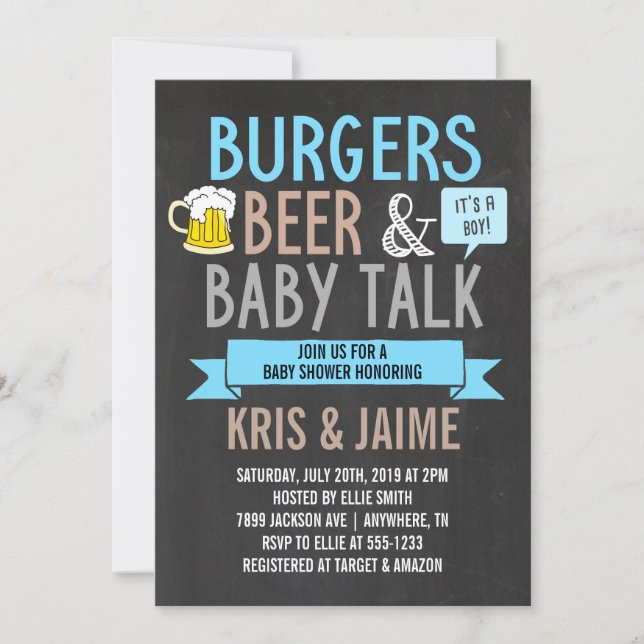 Invitation Burgers Beer & Baby Talk Baby shower garçon (Devant)