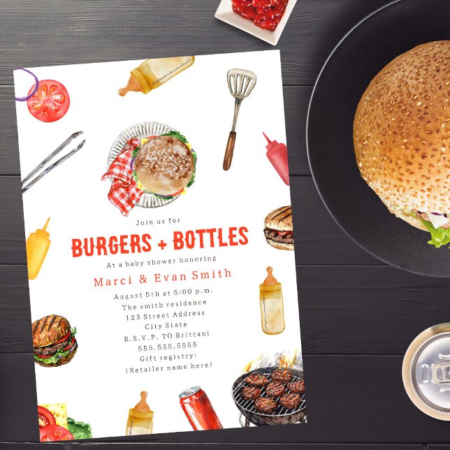 Invitation Burgers + Bouteilles Cuisine Baby shower neutre (Créateur téléchargé)