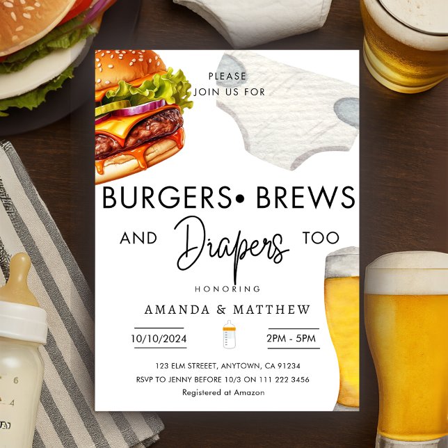 Invitation Burgers, Brûlons Diapers Baby shower Décontracté C (Burgers Brews Diapers Casual Couple Baby Shower Invitation)