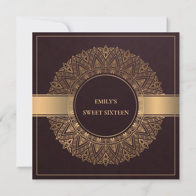 INVITATION BURGOUNDY OR ORNATE MANDALA SWEET 16 ANNIVERSAIRE (Dos)