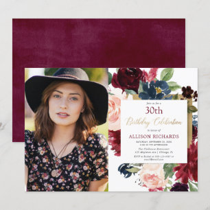 Invitation Burgunch rose rousse or floral photo d'anniversair