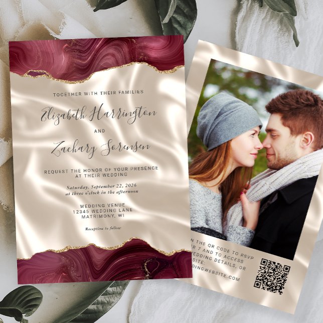 Invitation Burgundy Agate ivoire soie Photo QR Code Mariage (Créateur téléchargé)