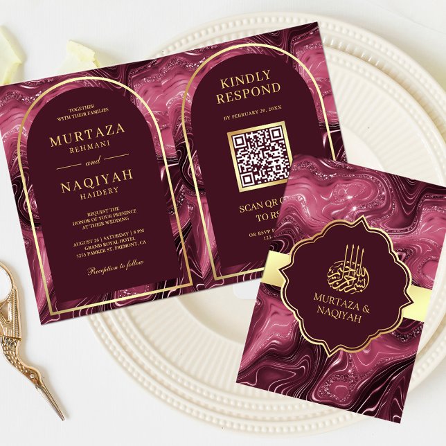 Invitation Burgundy Agate Marbre QR Code Mariage musulman (Créateur téléchargé)