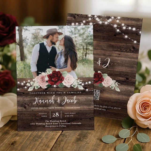 Invitation Burgundy and Blush Floral QR Code Rustic Wedding (Créateur téléchargé)