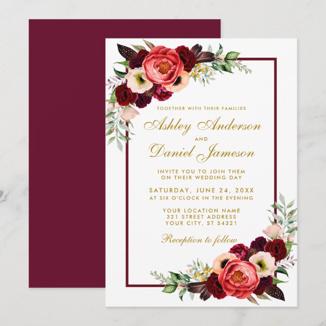 Invitation Burgundy Aquarelle Floral or Boho Mariage GB (Devant / Derrière)
