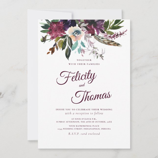 Invitation Burgundy Aquarelle Floral Spray Mariage blanc (Devant)