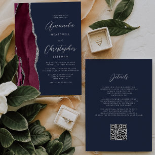 Invitation Burgundy Argent Agate QR Code Marine Blue Mariage