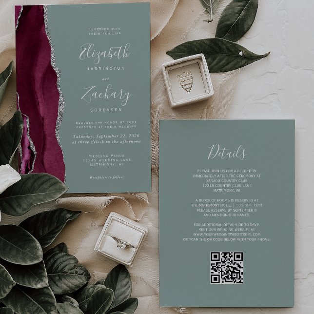 Invitation Burgundy Argent Agate Sage Green QR Code Mariage (Créateur téléchargé)