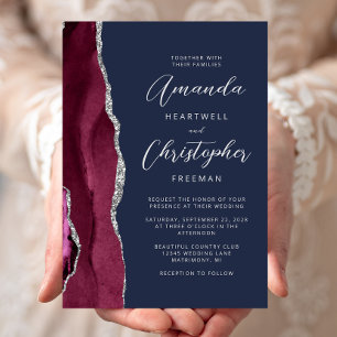 Invitation Burgundy Argent Agate Script Marine Blue Mariage